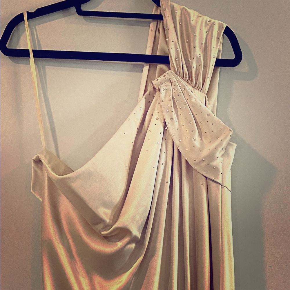 NWT, St. John, one-shoulder gown with rhinestones